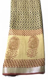 Yellow Gold Cotton Silk Saree with Black Chevron design